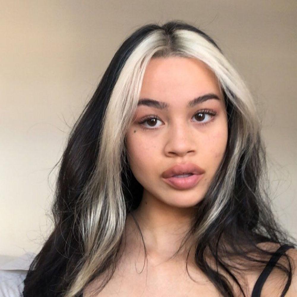 Two blonde streaks in shop front of hair