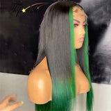 Black Lace Front Wig with Green Streaks in Front 100% Human Hair Wigs