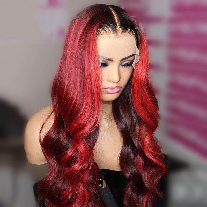 Black Wig With Burgundy Highlights Wavy Wigs Human Hair SULMY