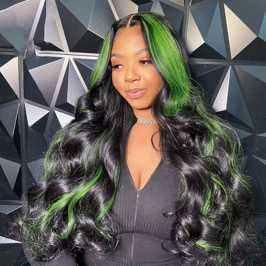 Black Wig With Green Highlights Money Piece 100% Real Human Hair Wavy Wigs