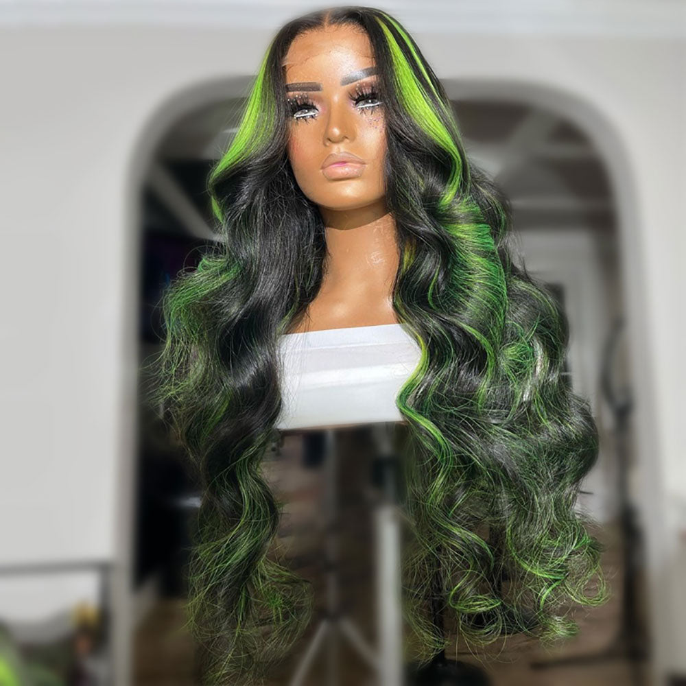 Black Wig With Green Highlights Money Piece 100% Real Human Hair Wavy Wigs