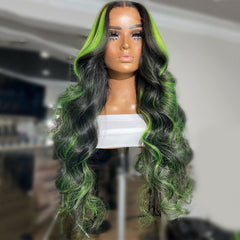 Black Wig With Green Highlights Money Piece 100% Real Human Hair Wavy Wigs