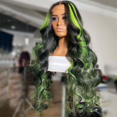 Black Wig With Green Highlights Money Piece 100% Real Human Hair Wavy Wigs