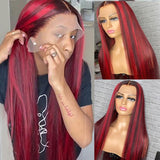 Black Wig With Red Streak Highlights Transparent Lace Front Wigs Human Hair | SULMY.