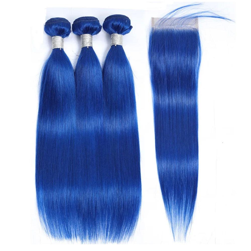 Blue Bundles With Closure Straight Dark Blue Weave With Closure