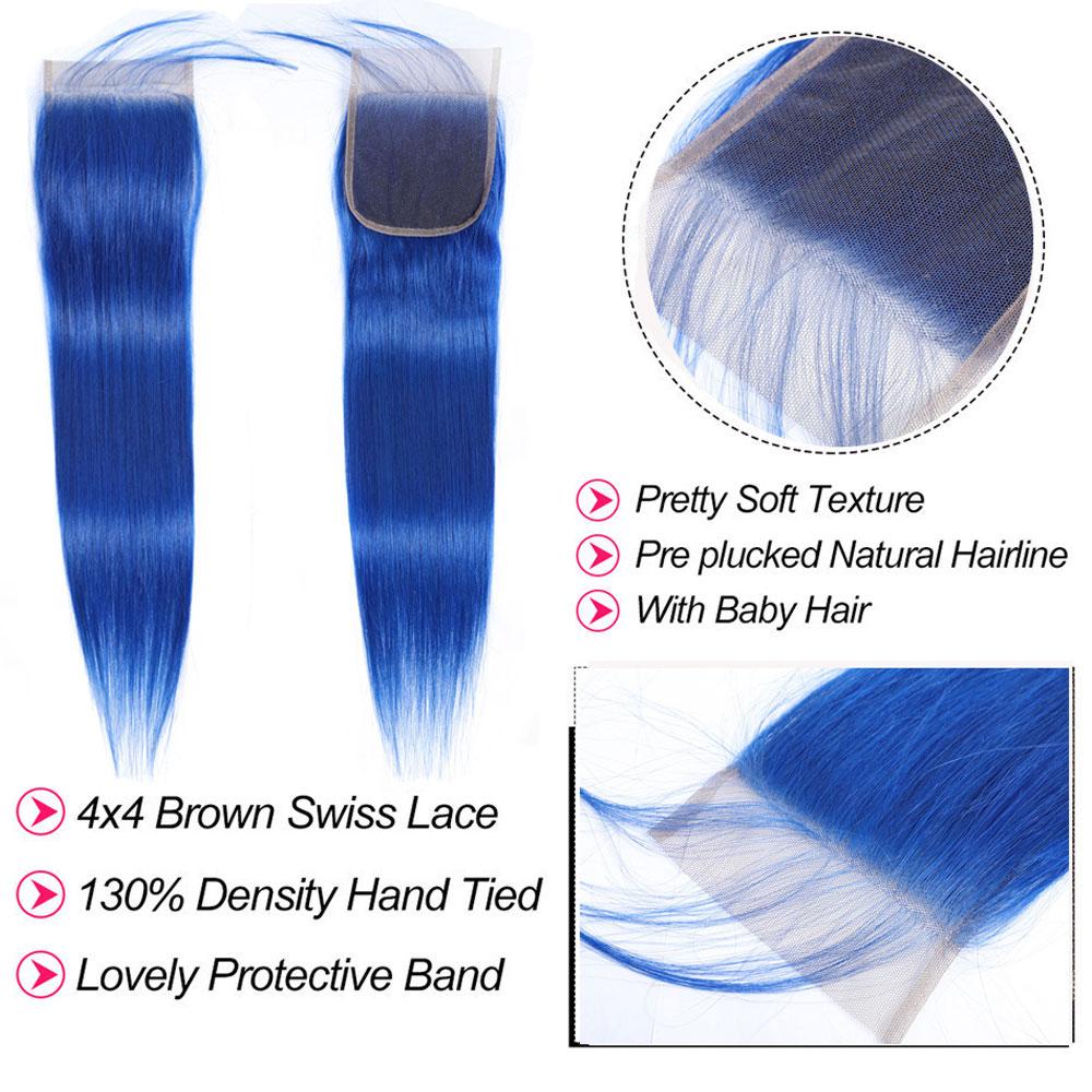 Blue Bundles With Closure Straight Dark Blue Weave With Closure