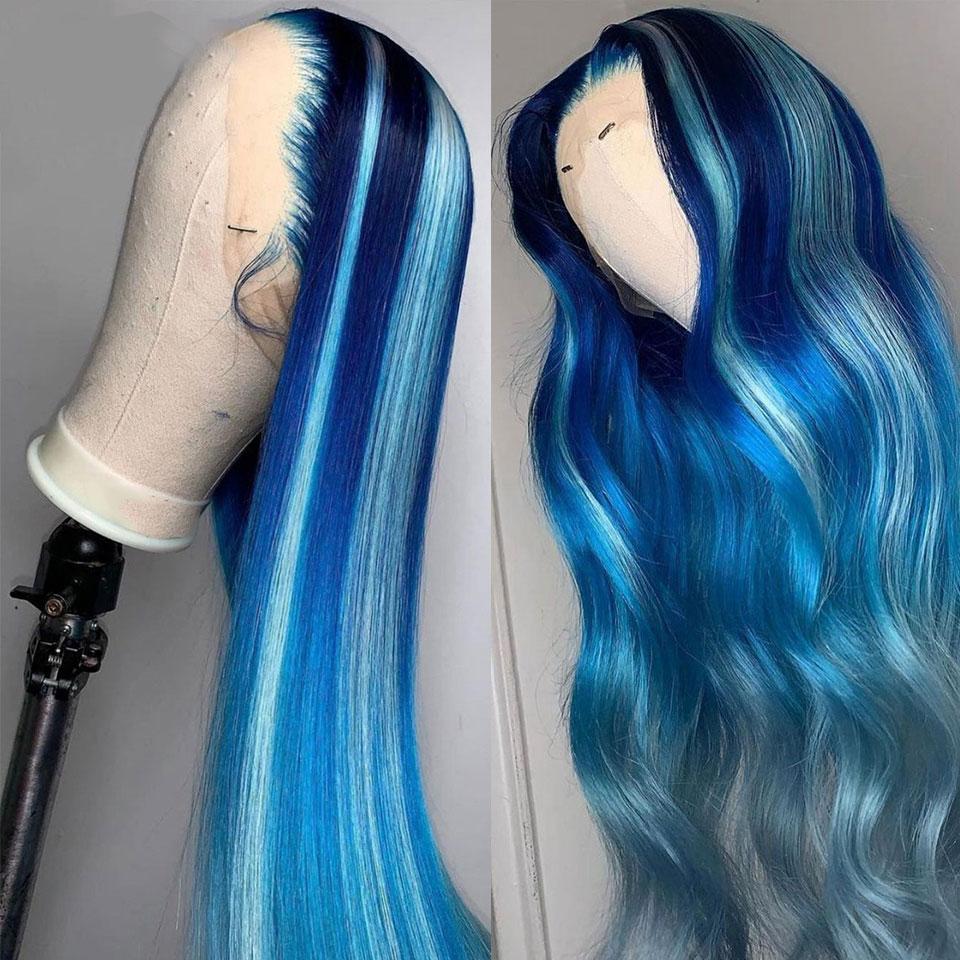Blue Human Hair Wig with Light Blue Streak Transparent Lace Front Wigs | SULMY.