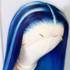 Blue Human Hair Wig with Light Blue Streak Transparent Lace Front Wigs | SULMY.