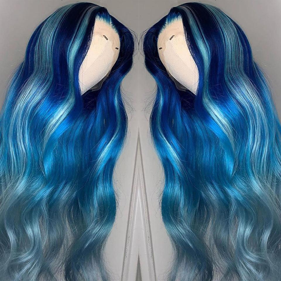 Blue Human Hair Wig with Light Blue Streak Transparent Lace Front Wigs | SULMY.