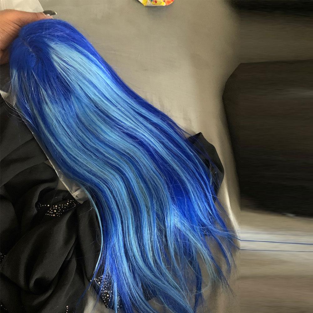 Blue Human Hair Wig with Light Blue Streak Transparent Lace Front Wigs | SULMY.