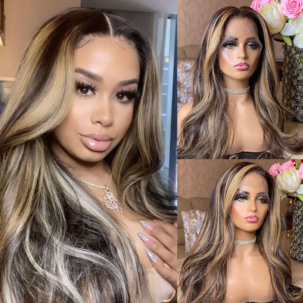 Brown and Blonde Highlight Lace Front Wig 100% real human hair Wavy wigs