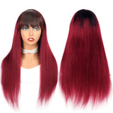 Burgundy Wig With Bangs Ombre Human Hair Wigs With Dark Roots