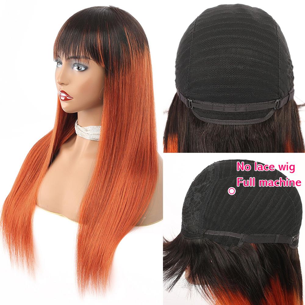 Burnt Orange Wig with Bangs #1b/350 Red Copper Ombre Human Hair Wigs With Dark Roots