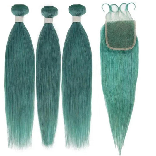 Emerald Green Human Hair Weaving Bundles with Closure Brazilian Hair Extensions