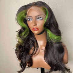 Green Skunk Stripe Wig Neon Green Money Piece 100% Real Human Hair Wavy Wig