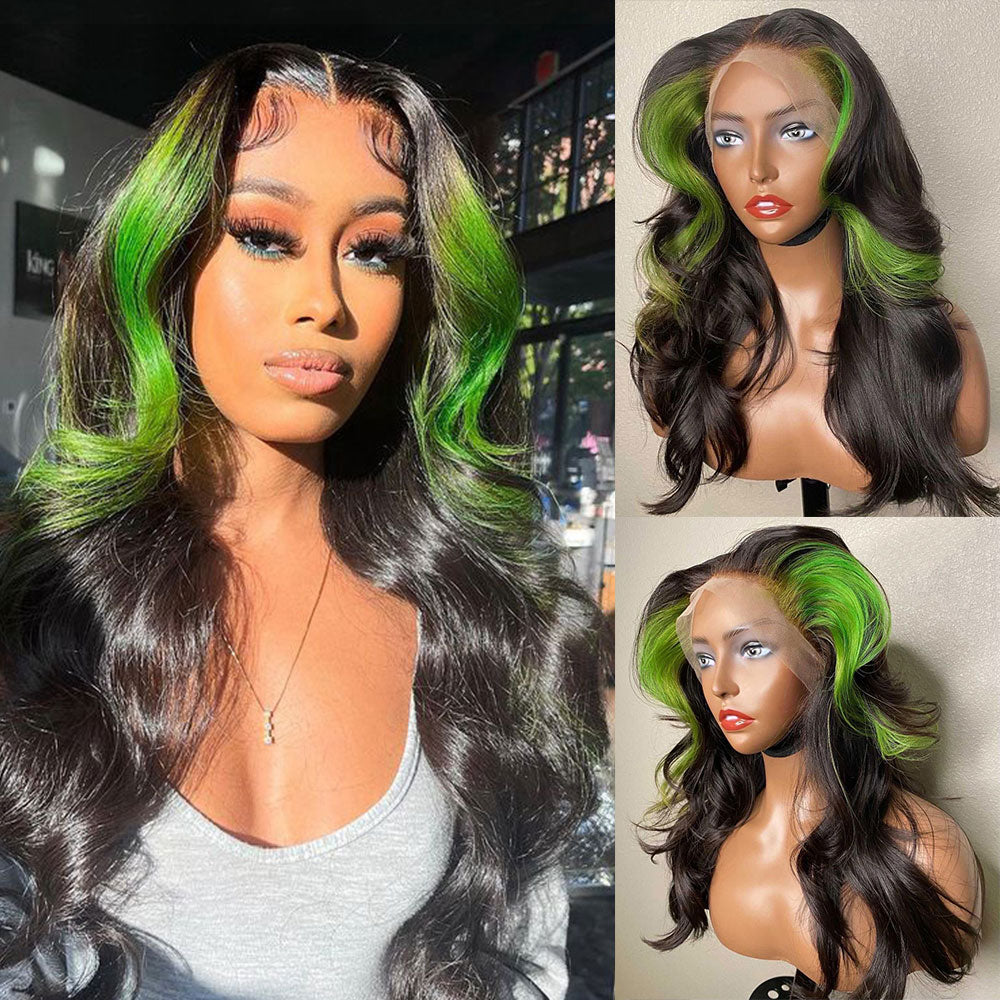 Green Skunk Stripe Wig Neon Green Money Piece 100% Real Human Hair Wavy Wig