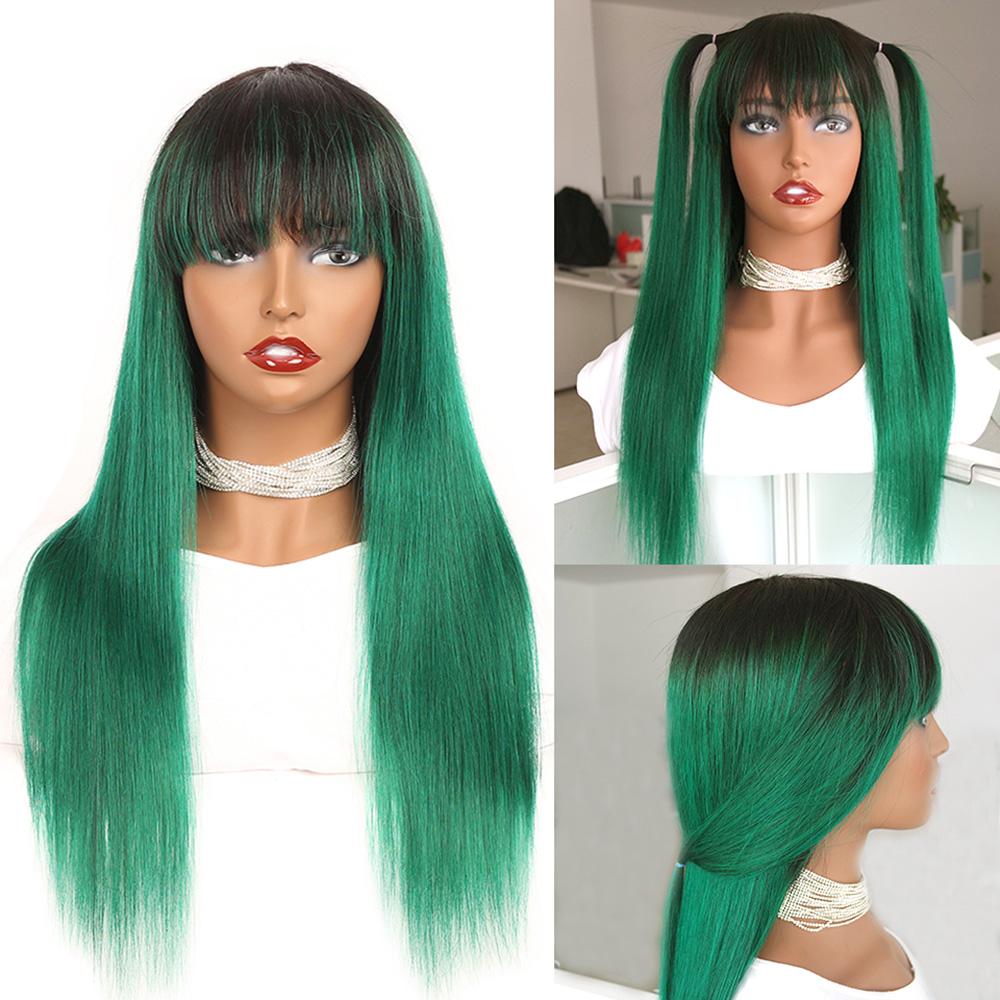 Green Wig with Bangs 1b/green Ombre Human Hair Wigs with Dark Roots