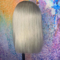 Grey Blunt Cut Bob Wig Short Human Hair Wigs Transparent Lace Wig | SULMY.