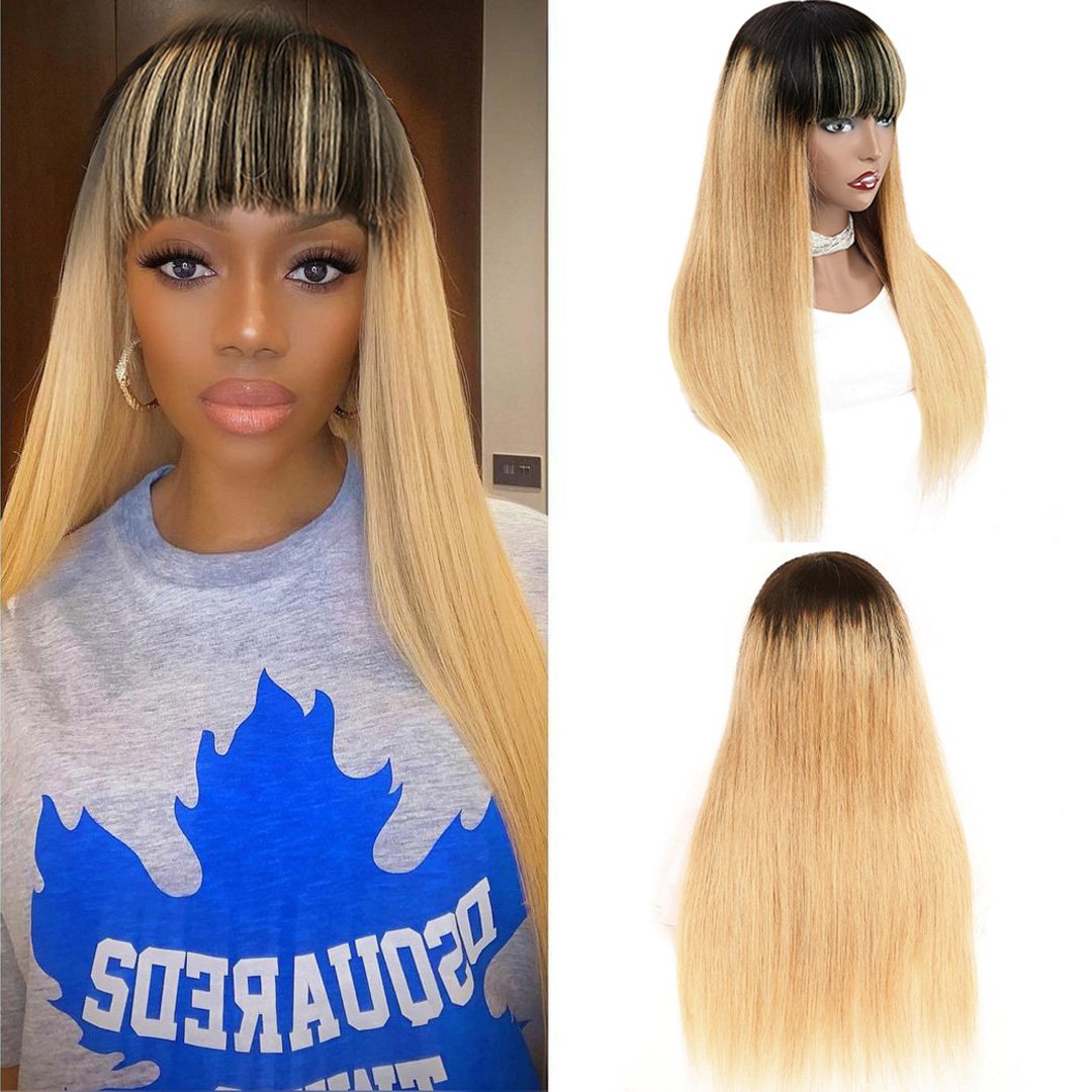 Honey Blonde Wig With Bangs Ombre Human Hair Wigs With Dark Roots