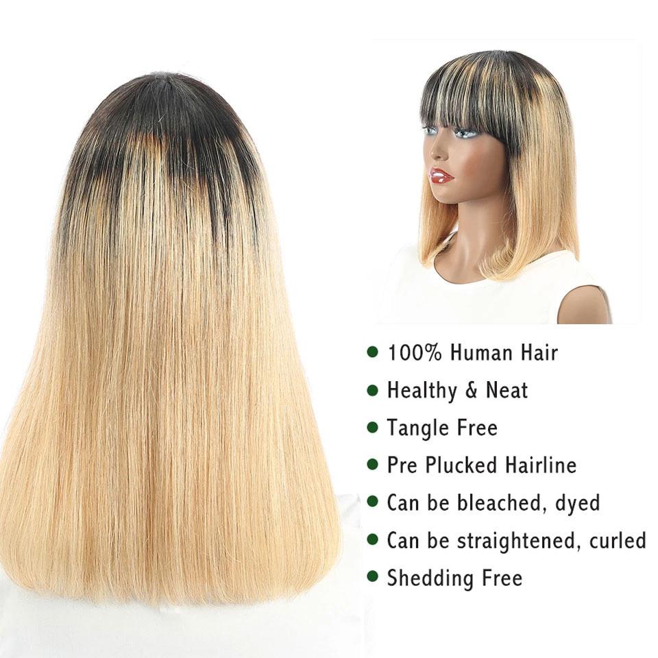 Honey Blonde Wig With Bangs Ombre Human Hair Wigs With Dark Roots