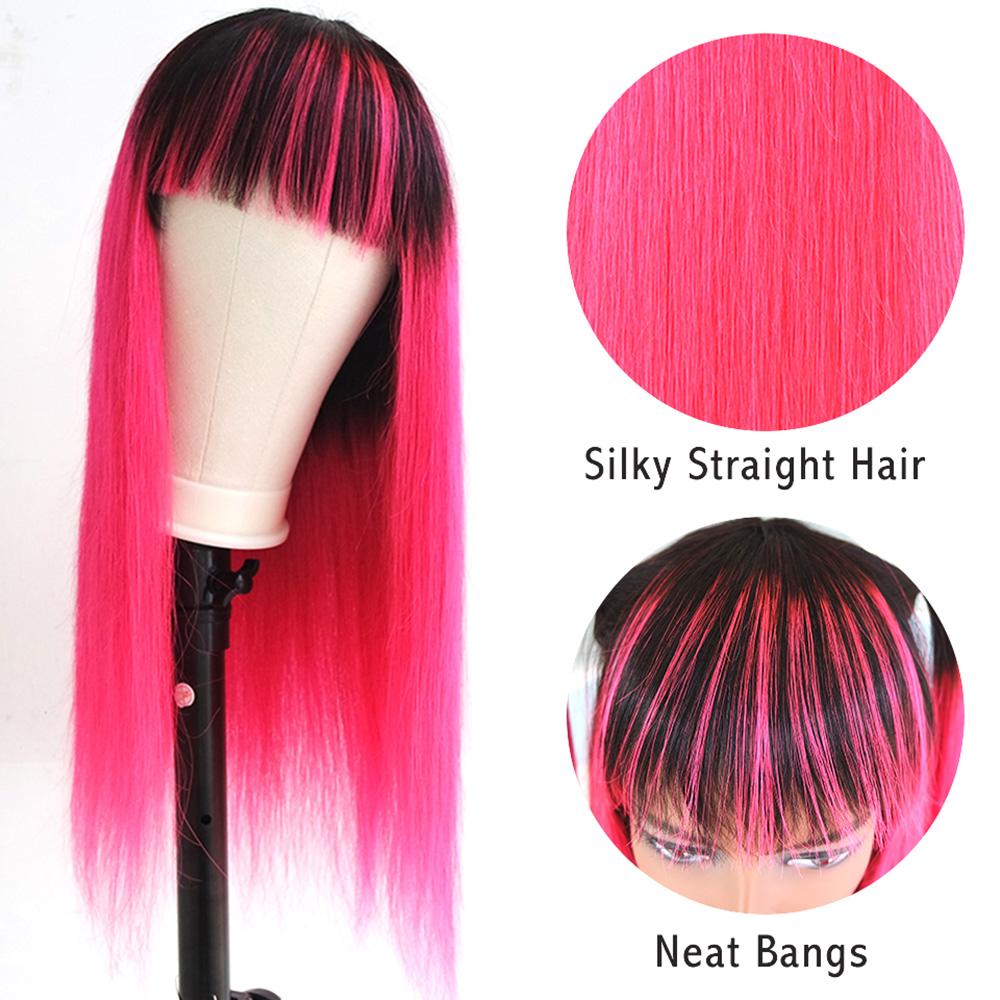 Hot Pink Wig with Bangs 1b/pink Ombre Human Hair Wigs with Dark Roots