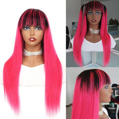 Hot Pink Wig with Bangs 1b/pink Ombre Human Hair Wigs with Dark Roots