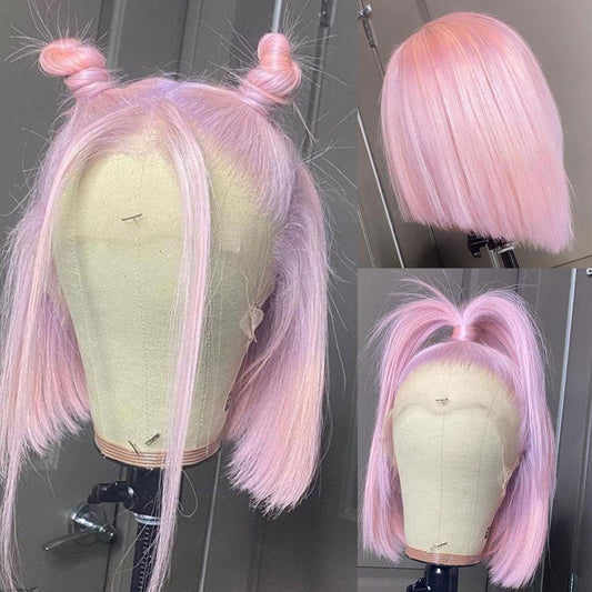 Light Pink Blunt Cut Bob Human Hair Wig Short Transparent Lace Front Wig | SULMY.