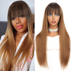 Medium Auburn Wig with Bangs #1b/30 Ombre Human Hair Wigs With Dark Roots