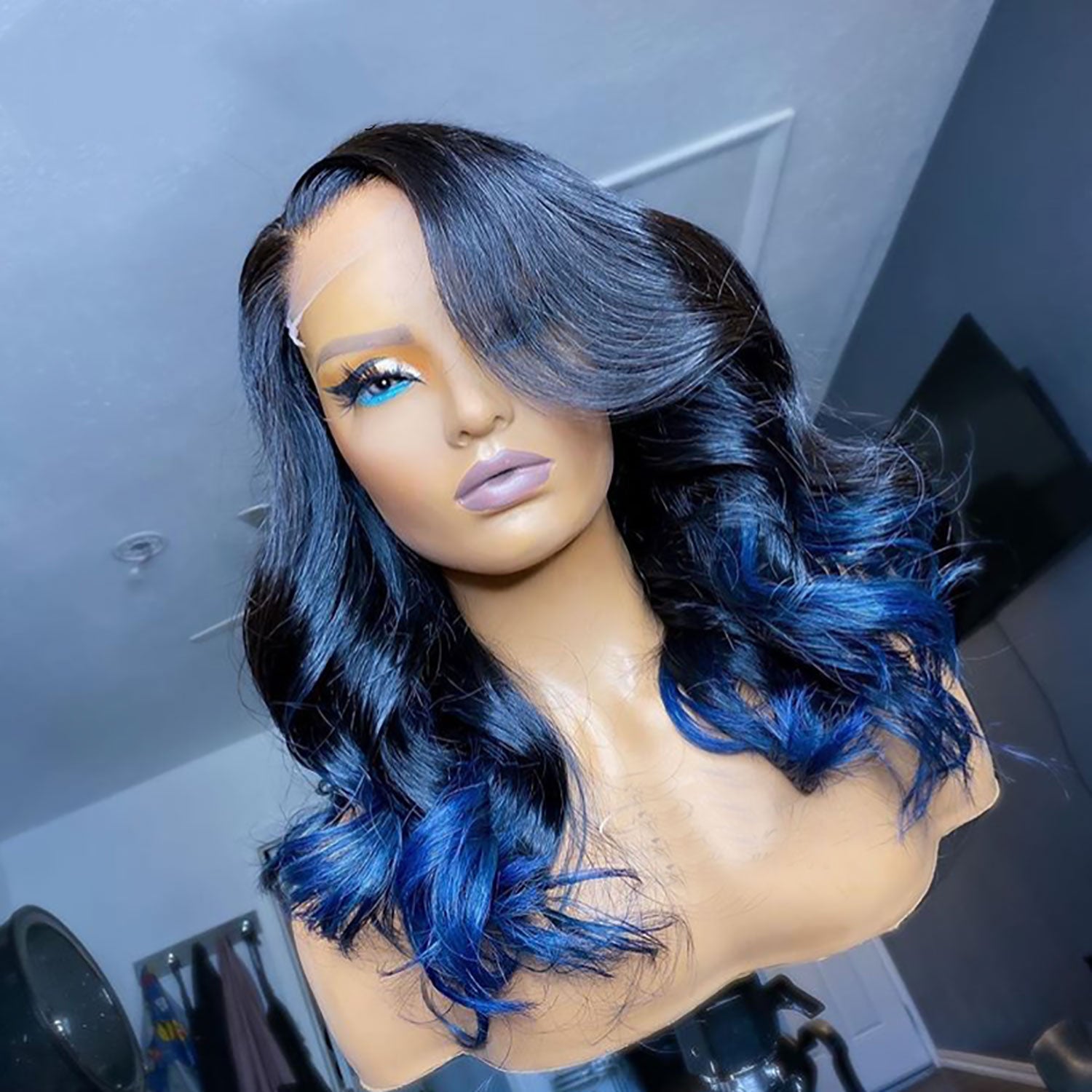 Midnight Blue Lace Front Wig with Dark Roots 100% Human Hair Wig