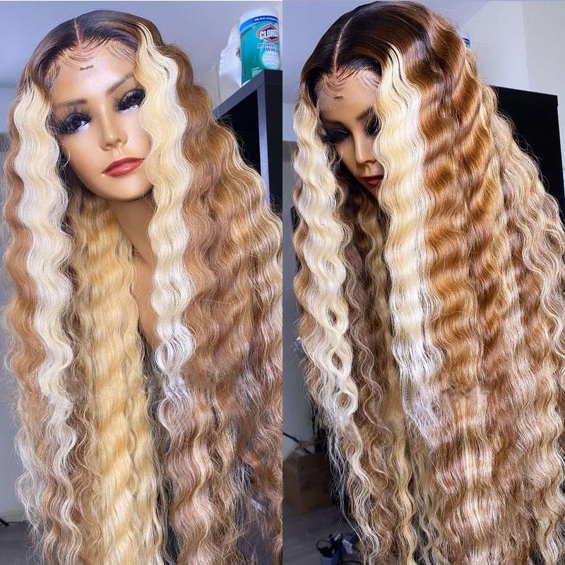 Ombre Blonde Streaks Highlight Colored Wavy Human Hair Wig Pre-Plucked Brown Lace Front Wig For Women | SULMY.