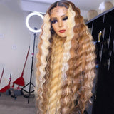 Ombre Blonde Streaks Highlight Colored Wavy Human Hair Wig Pre-Plucked Brown Lace Front Wig For Women | SULMY.