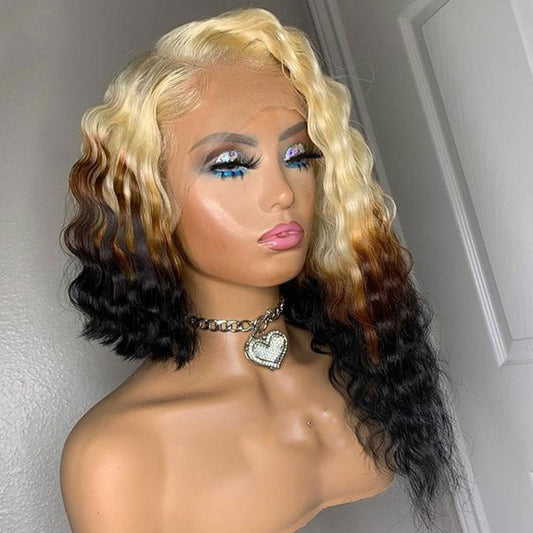 Ombre Blonde Human Hair Wig With Black Underneath Curly Lace Front Wig