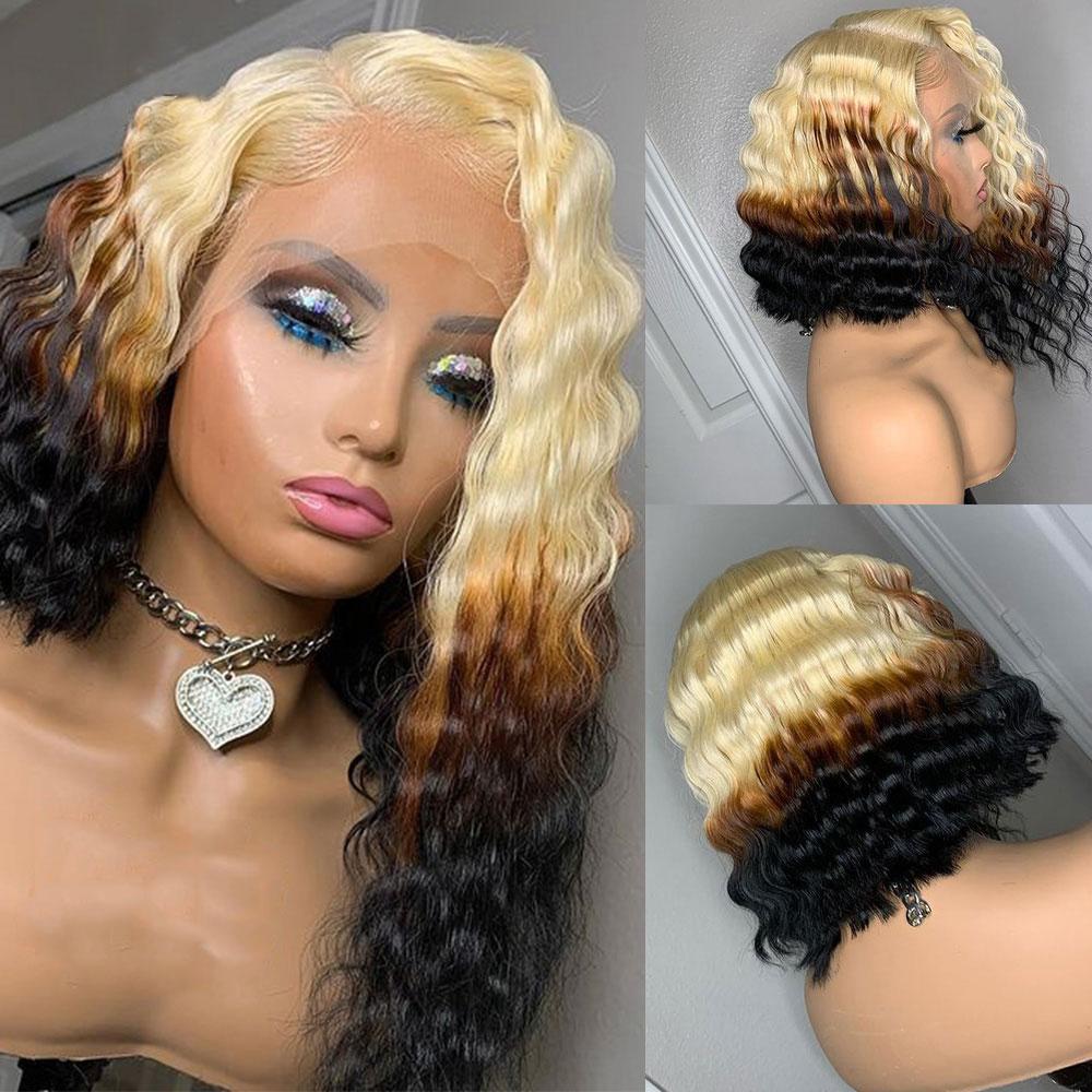 Ombre Blonde Human Hair Wig With Black Underneath Curly Lace Front Wig