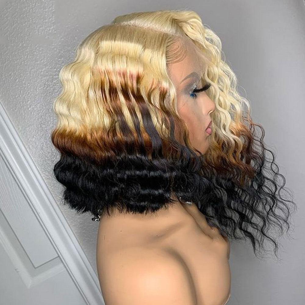 Ombre Blonde Human Hair Wig With Black Underneath Curly Lace Front Wig