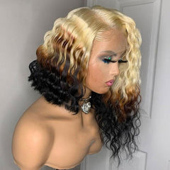 Ombre Blonde Human Hair Wig With Black Underneath Curly Lace Front Wig