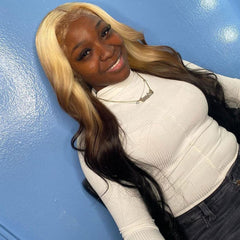 Ombre Blonde Human Hair Wig With Brown Black Underneath Wavy Lace Front Wig