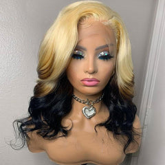 Ombre Blonde Human Hair Wig With Brown Black Underneath Wavy Lace Front Wig