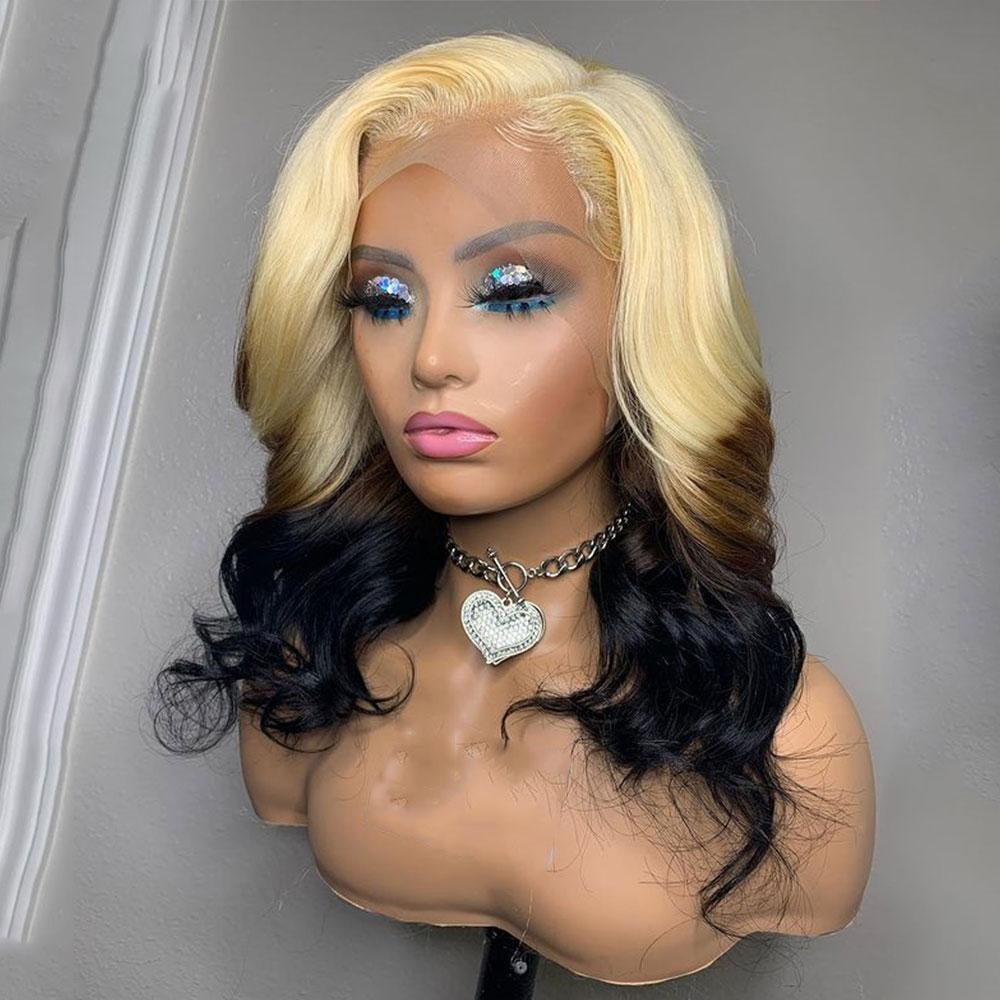 Ombre Blonde Human Hair Wig With Brown Black Underneath Wavy Lace Front Wig