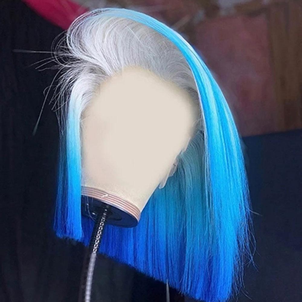 Ombre Grey to Blue Short Human Hair Wig Blunt Cut Bob Wigs | SULMY.