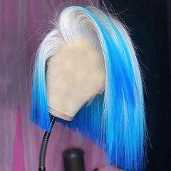 Ombre Grey to Blue Short Human Hair Wig Blunt Cut Bob Wigs | SULMY.