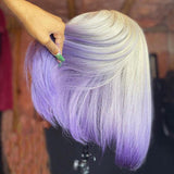 Ombre Grey to Purple Short Human Hair Wig Blunt Cut Bob Wigs | SULMY.