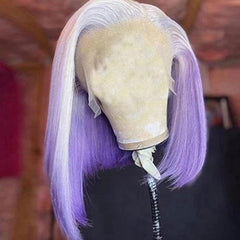 Ombre Grey to Purple Short Human Hair Wig Blunt Cut Bob Wigs | SULMY.