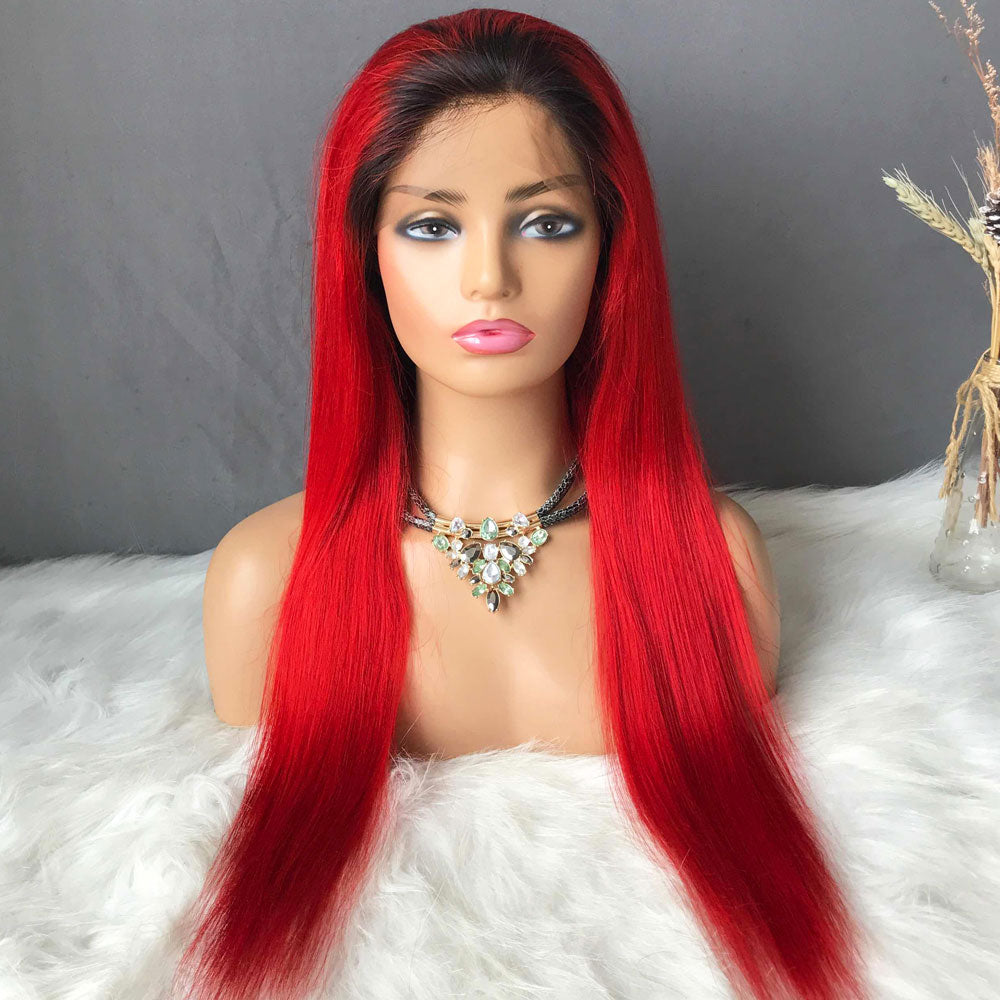 Ombre Red Lace Front Wigs with Black Roots 100% Real Human Hair