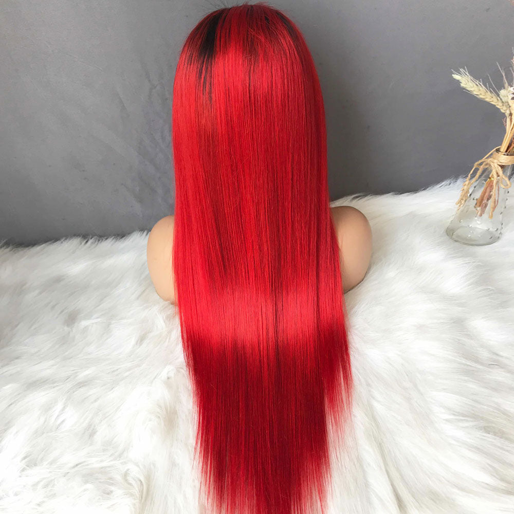 Ombre Red Lace Front Wigs with Black Roots 100% Real Human Hair