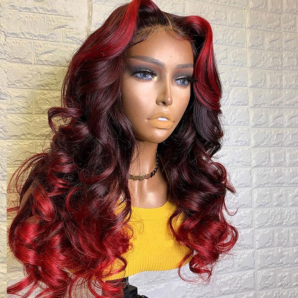 Ombre Red Wig 100% Human Hair Burgundy Lace Front Wig