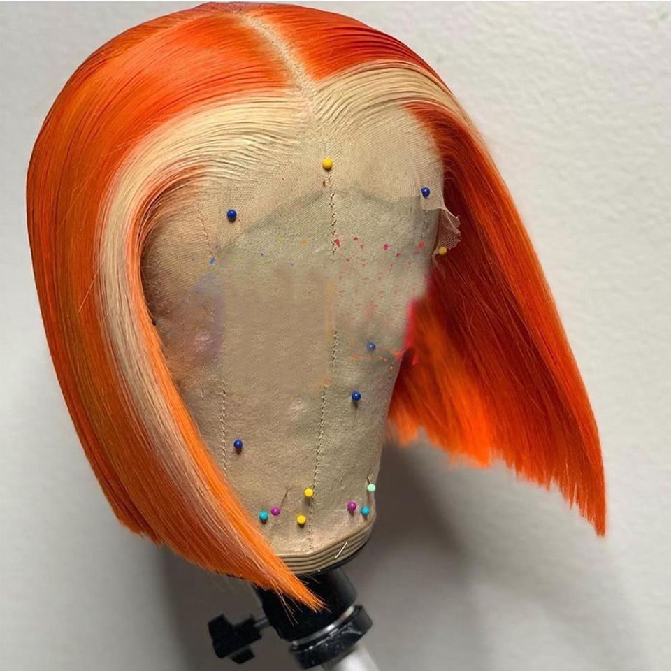 Orange Bob Wig with Blonde Streak in Front Real Hair Blunt Cut Highlight Lace Wig | SULMY.