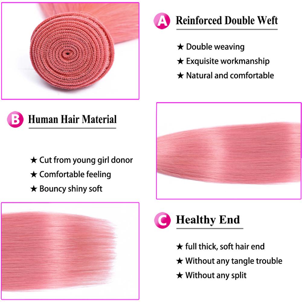 Pink Bundles With Closure Straight Light Pink Hair Weave With Closure