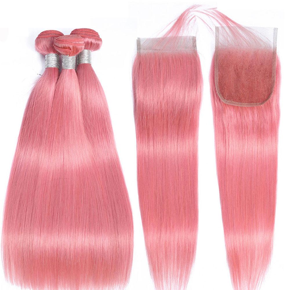 Pink Bundles With Closure Straight Light Pink Hair Weave With Closure