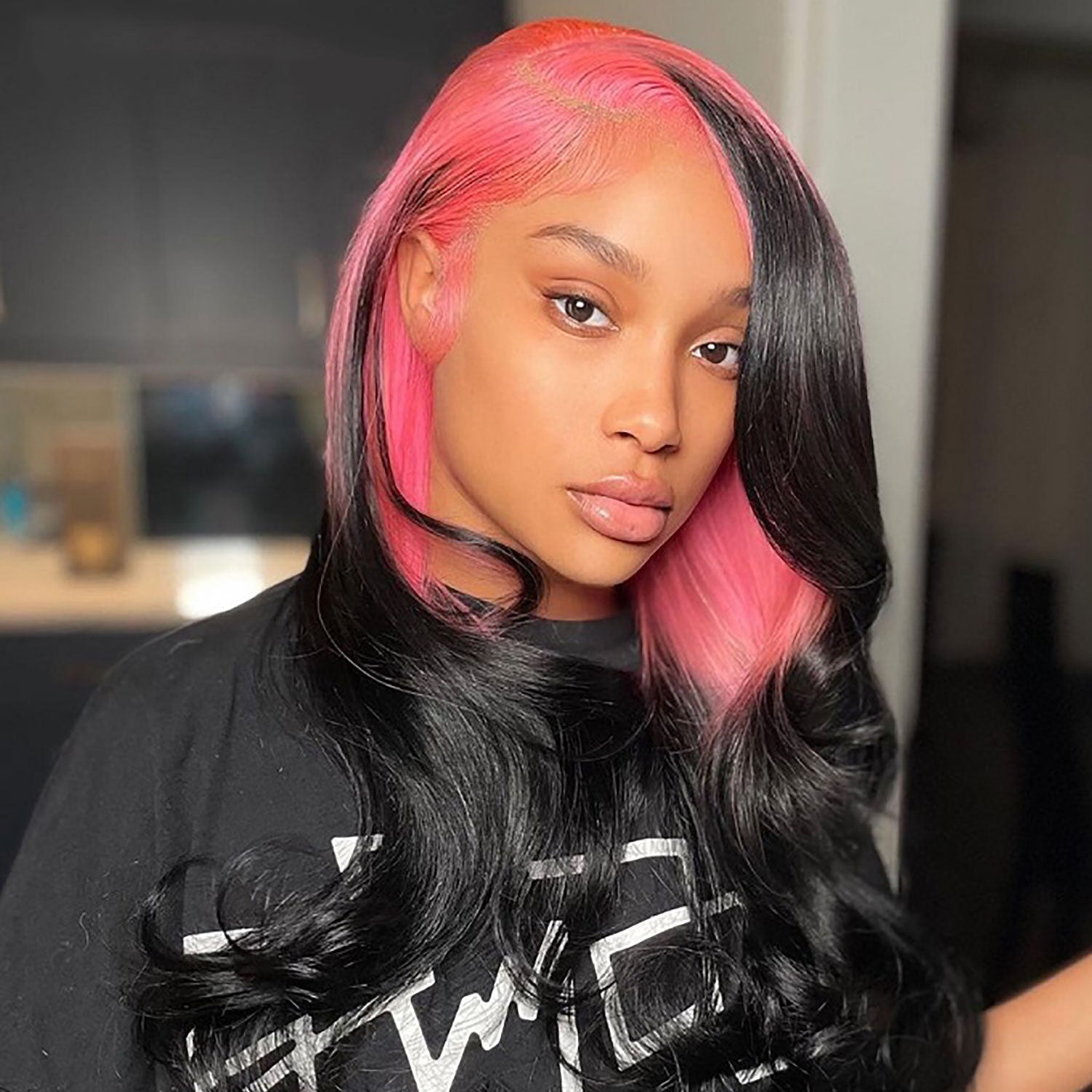 Pink Highlight on Black Hair Lace Front Wig 100% Human Hair Wigs
