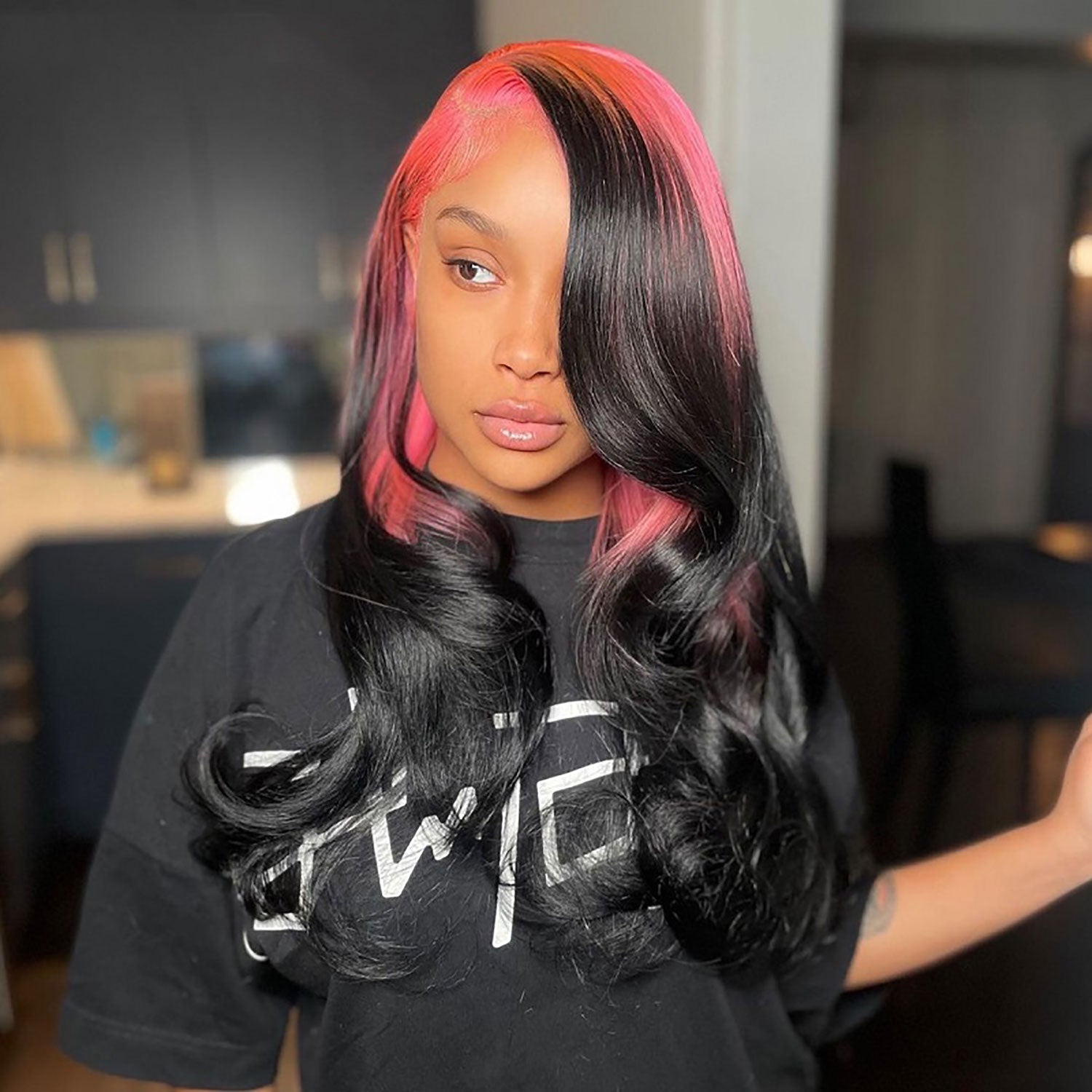 Pink Highlight on Black Hair Lace Front Wig 100% Human Hair Wigs